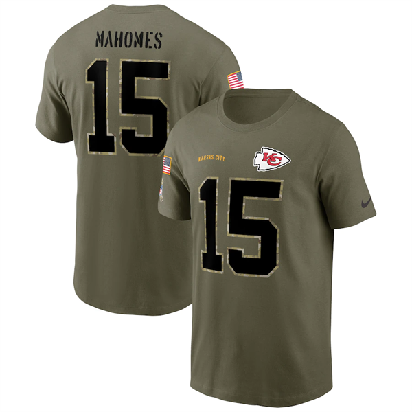 Men's Kansas City Chiefs #15 Patrick Mahomes 2022 Olive Salute to Service T-Shirt